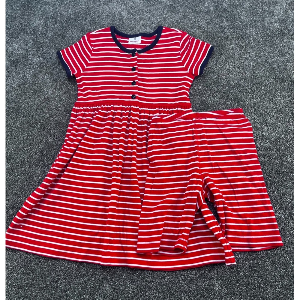 Hanna Andersson Red and White Striped Dress with Navy Trim/Shorts, Size 8